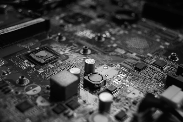 A computer motherboard photographed close up