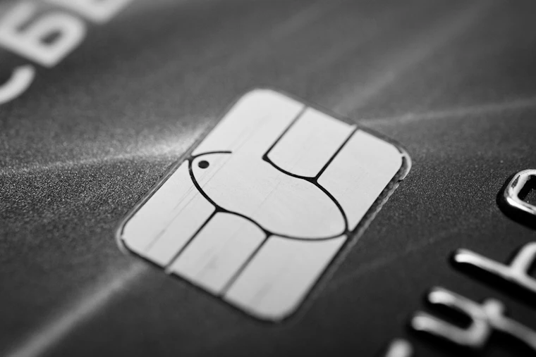 The chip on a payment card, photographed close up