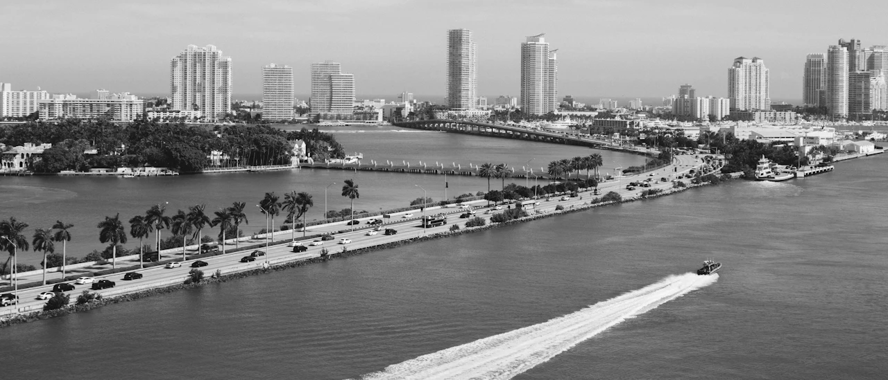 A waterfront city skyline seen from above